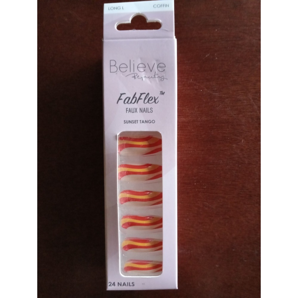 Believe Beauty FabFlex Long Length Faux Nails~Sunset Tango~24CT~ Long Coffin NEW